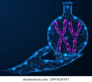 Hand holds a round-bottomed flask with chromosomes. Polygonal design of interconnected lines and dots. Blue background.