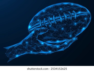 Hand holds a rugby ball. Polygonal design of interconnected lines and dots. Blue background.