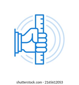 
Hand holds ruler vector line icon. Technical tool for measuring length. Professional equipment for builders and constructors. Accuracy of industrial work with calculation of required parameters.