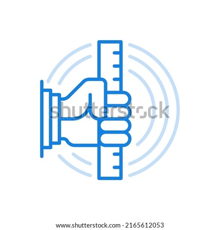 
Hand holds ruler vector line icon. Technical tool for measuring length. Professional equipment for builders and constructors. Accuracy of industrial work with calculation of required parameters.