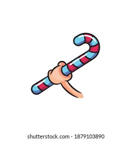 Hand holds Santa lollipop. Cartoon comic style. Isolate. Vector illustration.