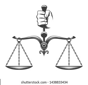 Hand Holds Scale. Human Hand With Justice Scales Vintage Engraving Vector Illustration, Legale Balance And Rights, Equality And States Weighing Retro Design