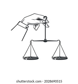 Hand holds scales of justice. Black and white illustration on white background.