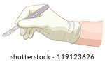 The hand holds a scalpel. Vector illustration.