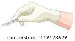 The hand holds a scalpel. Vector illustration.