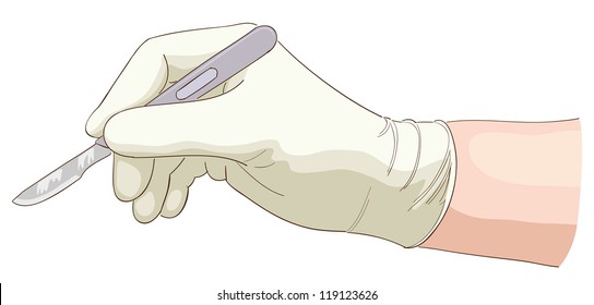 The hand holds a scalpel. Vector illustration.