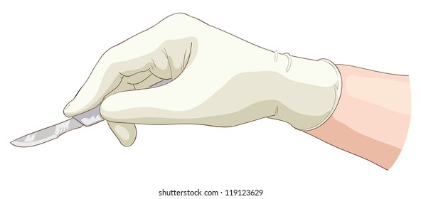 The Hand Holds A Scalpel. Vector Illustration.