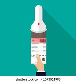 Hand holds and scanning barcode on receipt. Scan barcode label sticker. Vector illustration isolated on green background.
