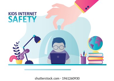 Hand Holds Schoolboy Under Dome. Parents Provide Safe Internet For Child. Kid Studying On Laptop. Parental Control. Protecting Children From Inappropriate Content On Social Media. Vector Illustration