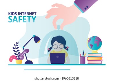 Hand holds schoolgirl under dome. Parents provide safe internet for child. Kid studying on laptop. Parental control. Protecting children from inappropriate content on social media. Vector illustration