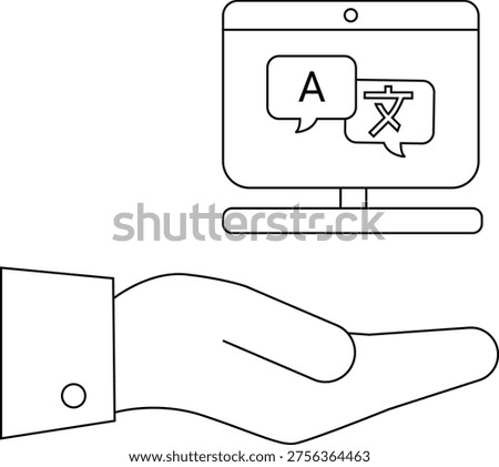 Hand holds screen showing speech bubbles with English and Asian characters for translation