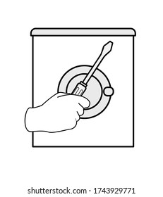 hand holds a screwdriver on the background of a washing machine. repair of a washing machine. serviceman. logo. vector illustration.