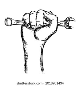 Hand holds a screwdriver. Sketch hand drawn. Outline silhouette. Design element. Vector illustration isolated on white background. Template for books, stickers, posters, cards, clothes