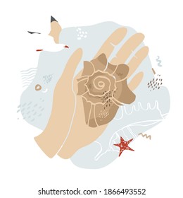 Hand holds a seashell on an abstract sky background with a flying Seagull in cut-out shapes style. Banner concept about the love of the sea, summer, recreation, travel. Caroon vector illustration.