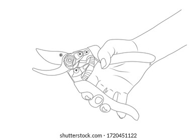 Hand holds secateurs, scissors for trimming branches. Vector stock illustration eps 10. outline