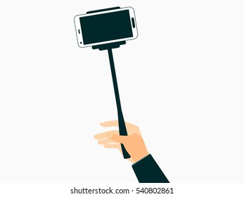 Hand holds a selfie stick with smartphones. Vector illustration