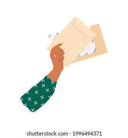 Hand holds several envelopes. Trendy hand drawn illustration for banner, greeting card and stationery design. Mail delivery and post office