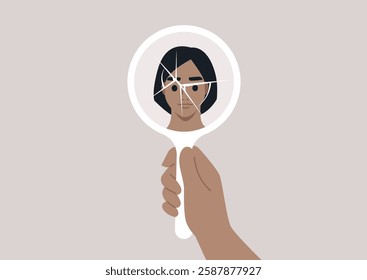 A hand holds a shattered mirror reflecting a portrait of a person. Each fragment captures different aspects of their face, symbolizing the multifaceted nature of identity and self-perception