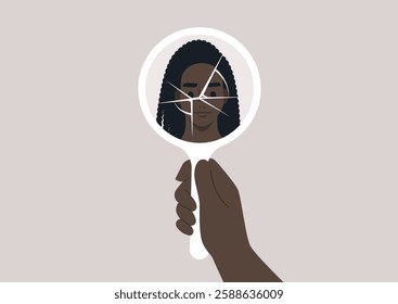 A hand holds a shattered mirror reflecting a portrait of a person. Each fragment captures different aspects of their face, symbolizing the multifaceted nature of identity and self-perception