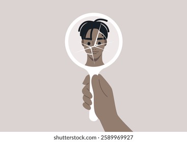 A hand holds a shattered mirror reflecting a portrait of a person. Each fragment captures different aspects of their face, symbolizing the multifaceted nature of identity and self-perception