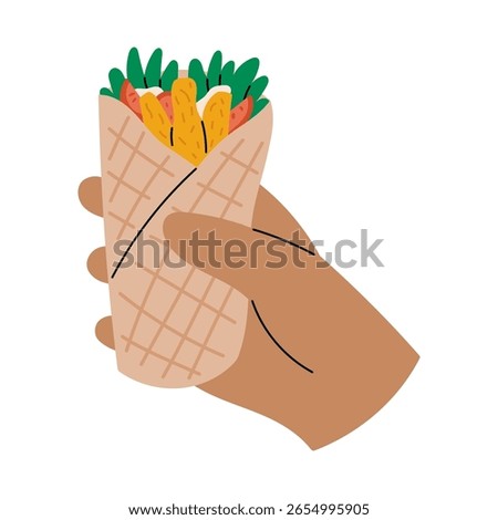 Hand holds shawarma. No dish meals. Popular junk food. Flat vector illustration isolated on white background.