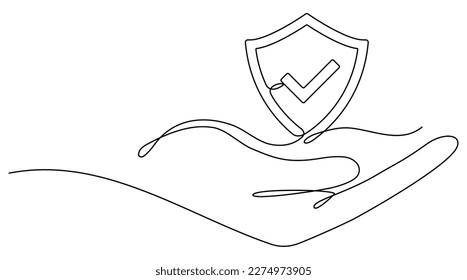 Mano sujeta el dibujo de línea continua de la placa de protección. Signo de protección de comprobación de aprobación. Proteger símbolo lineal. Ilustración vectorial aislada en blanco.