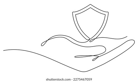 Hand holds shield badge continuous line drawing. Guard protect linear symbol. Vector illustration isolated on white.