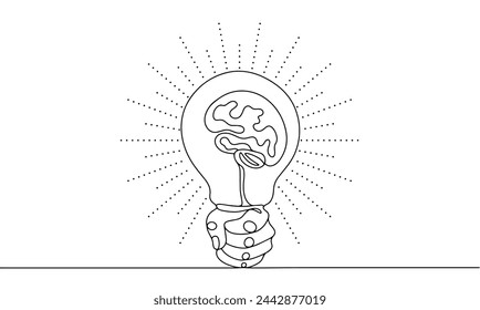 A hand holds a shining light bulb. There is a brain inside the light bulb. Symbol of creative ideas and intellectual property.World Intellectual Property Day. One line vector illustration.