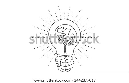 A hand holds a shining light bulb. There is a brain inside the light bulb. Symbol of creative ideas and intellectual property.World Intellectual Property Day. One line vector illustration.