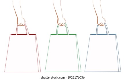 A hand holds a shopping bag. Vector illustration of doodle, thin line.