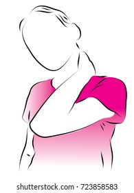 hand holds a shoulder, neck. The girl has a sore neck. Color vector illustration on the subject of pain. Osteoarthritis, bruise, trauma, chondrosis.