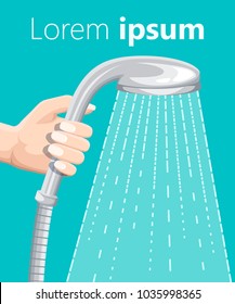 Hand holds shower head with water drops flowing rain spray water vector illustration isolated on turquoise background web site page and mobile app design