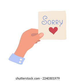 A hand holds a sign that says sorry. vector illustration