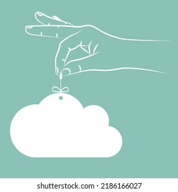 Hand holds simple shopping tag in form of cloud. Sales design element, store decoration, price frame, advertising of goods, banner message for online store promotion. Online internet shopping concept