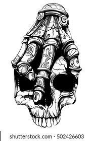 the hand holds skull