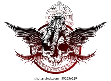 the hand holds a skull, the characters mean nothing, it's just squiggles