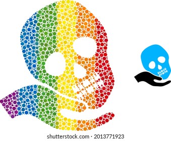 Hand holds skull composition icon of round dots in variable sizes and rainbow color tinges. A dotted LGBT-colored hand holds skull for lesbians, gays, bisexuals, and transgenders.