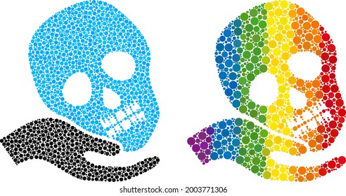 Hand holds skull mosaic icon of circle elements in different sizes and rainbow color tints. A dotted LGBT-colored hand holds skull for lesbians, gays, bisexuals, and transgenders.