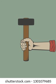 The hand holds a sledgehammer. Color illustration