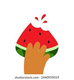 A hand holds a slice of summer watermelon, with a bite. Watermelon Cartoon Illustration Fruit Vector Design Hand Drawn