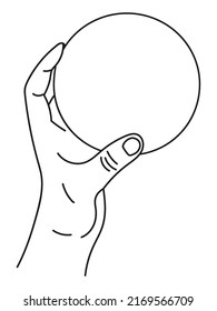 Hand holds a small ball. Catching a ball illustration. Black linear drawing on white background