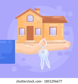 Mano tiene una pequeña casa con llaves, vende o alquila casa, agencia inmobiliaria. Ilustración vectorial colorida moderna