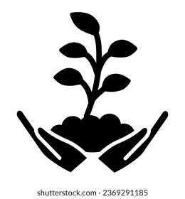 Hand holds small plant with many leaves solid icon, Ecology concept, sprout growing in ground sign on white background, sprout in hands icon in glyph style for mobile, web. Vector graphics