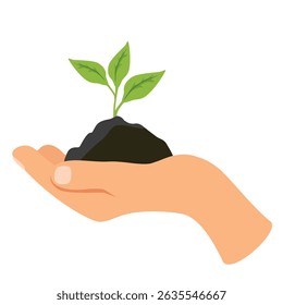 Hand holds small plant sprout isolated on white background. Tree growing seedling. World Environment Earth day. Vector illustration