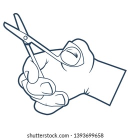 hand holds small scissors for cutting. vector line illustration on white background.