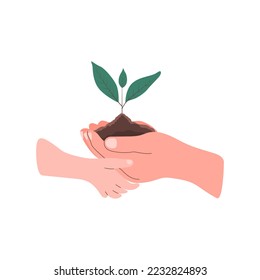 Una mano sostiene un árbol pequeño para plantar. Las palmas del adulto y del niño sostienen el suelo. Día Mundial del Suelo. Ilustración vectorial aislada en el fondo blanco