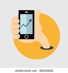 Hand holds smart phone with growing arrow on screen