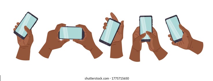 Hand Holds A Smart Phone In Vertical And Horizontal Position. African American Hands Holding And Touching A Smartphone. Set Illustration Of A Smartphone. Vector Icons, Emblem. Modern Flat Style.