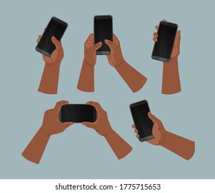 Hand Holds A Smart Phone In Vertical And Horizontal Position. African American Hands Holding And Touching A Smartphone. Set Illustration Of A Smartphone. Vector Icons, Emblem. Modern Flat Style.