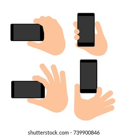 Hand holds a smart phone in vertical and horizontal position. Set Application Template illustration of a smartphone. Vector icons, emblem. Flat style